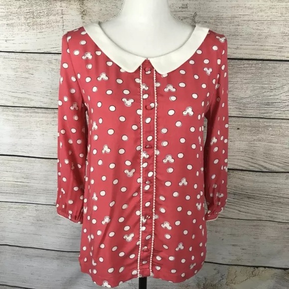 Mickey Mouse print pink collared rayon 3/4 sleeve top - Picture 2 of 7